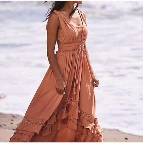 Free People Dress Womens Large Mauve Boho Maxi Lace Crochet Ruffle Smocked - Picture 1 of 14